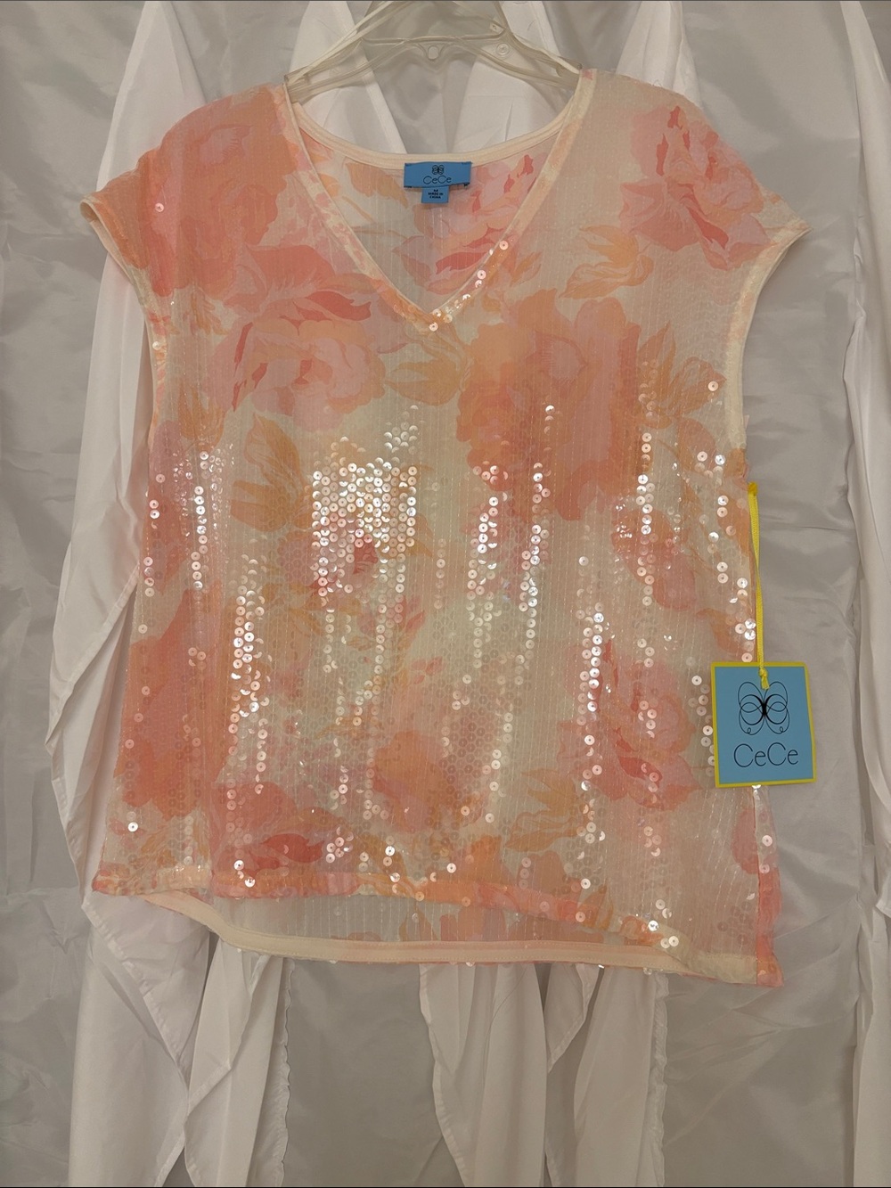 CeCe Peach and Cream Sequin Floral V-Neck Blouse